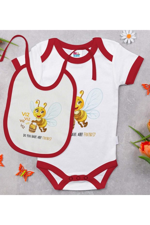 BK Kids Cute Bee-Printed Red Baby Bodysuit and Bib Gift Set-1, 0–3 Months