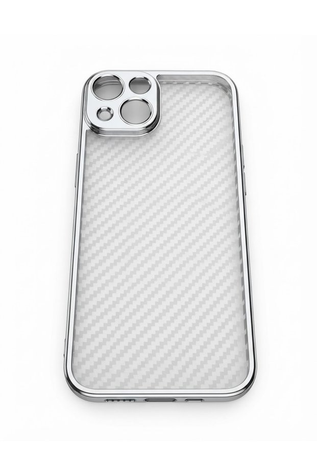 غطاء لهاتف iPhone 15 Plus / 14 Plus، موديل فضي من ألياف الكربون.
