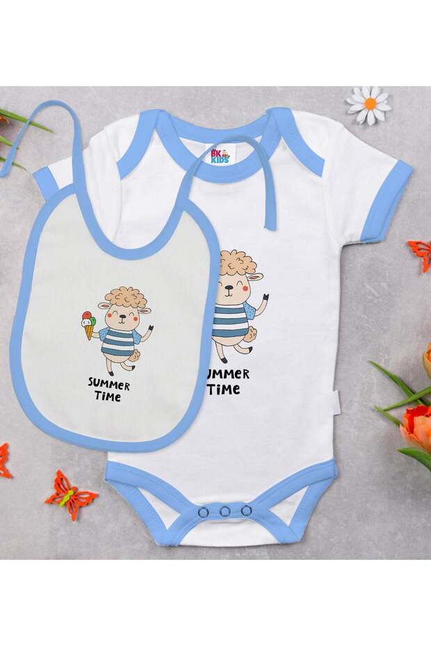 Bk Kids Summer Time Designed Blue Baby Bodysuit and Bib Gift Set - 1, for 6-9 Months.
