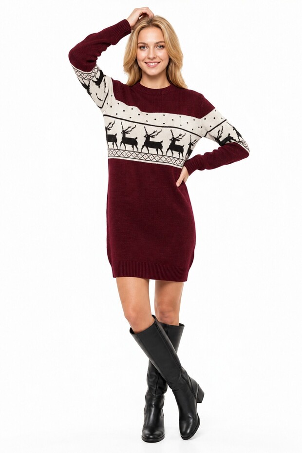 Women's Deer Pattern Crew Neck Long Sleeve Thick Winter Casual Knit Tunic Sweater