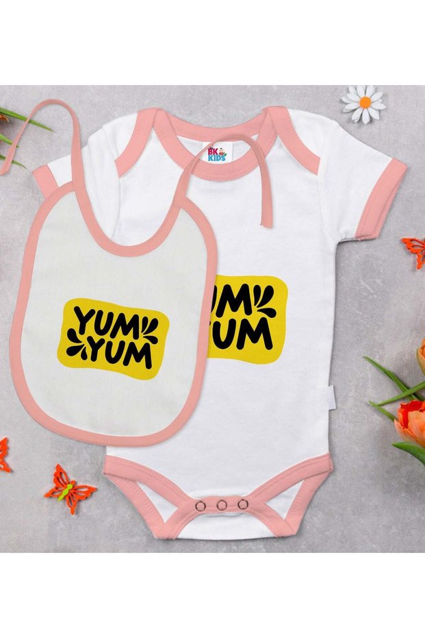 BK Kids Yum Yum-Designed Pink Baby Bodysuit and Bib Gift Set-1, 12–18 months