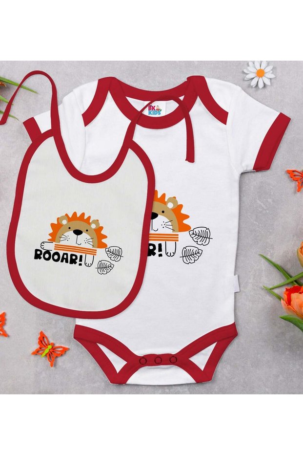 Bk Kids Roar Design Red Baby Bodysuit and Bib Gift Set - 1, for Ages 0-3 Months.
