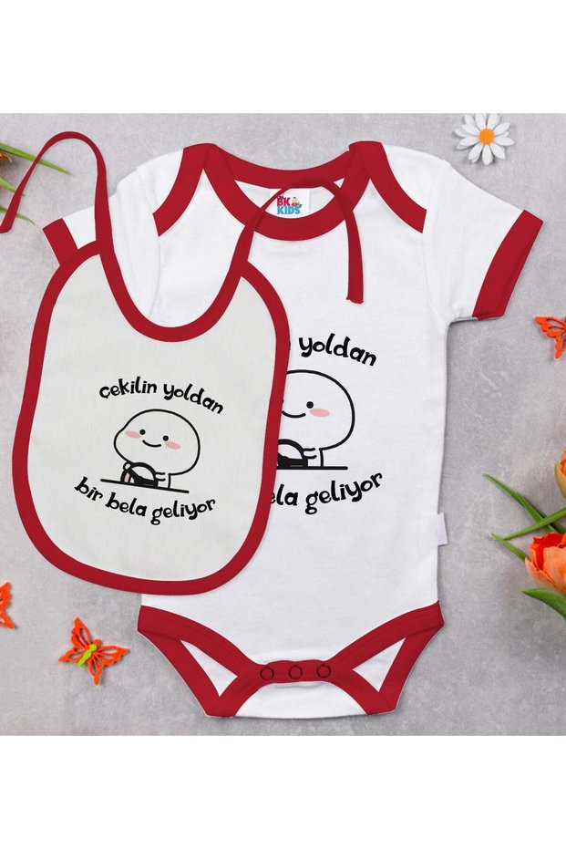 BK Kids "Here Comes a Little Trouble" Printed Red Baby Bodysuit and Bib Gift Set-1, 0-3 Months