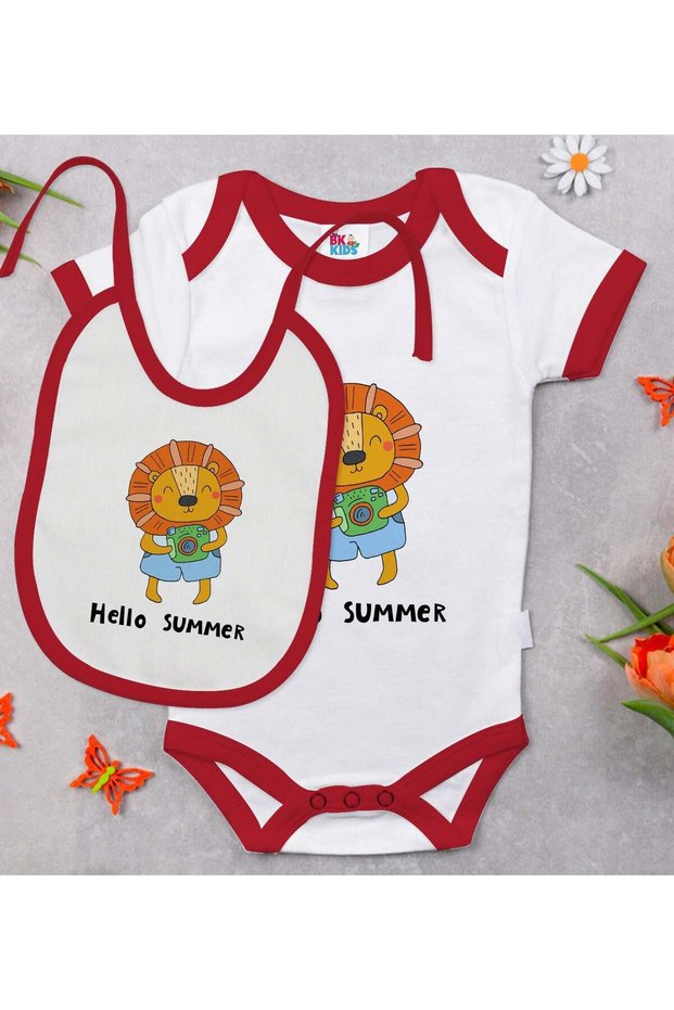 Bk Kids Hello Summer Designed Red Baby Bodysuit and Bib Gift Set - 1, for Ages 0-3 Months.