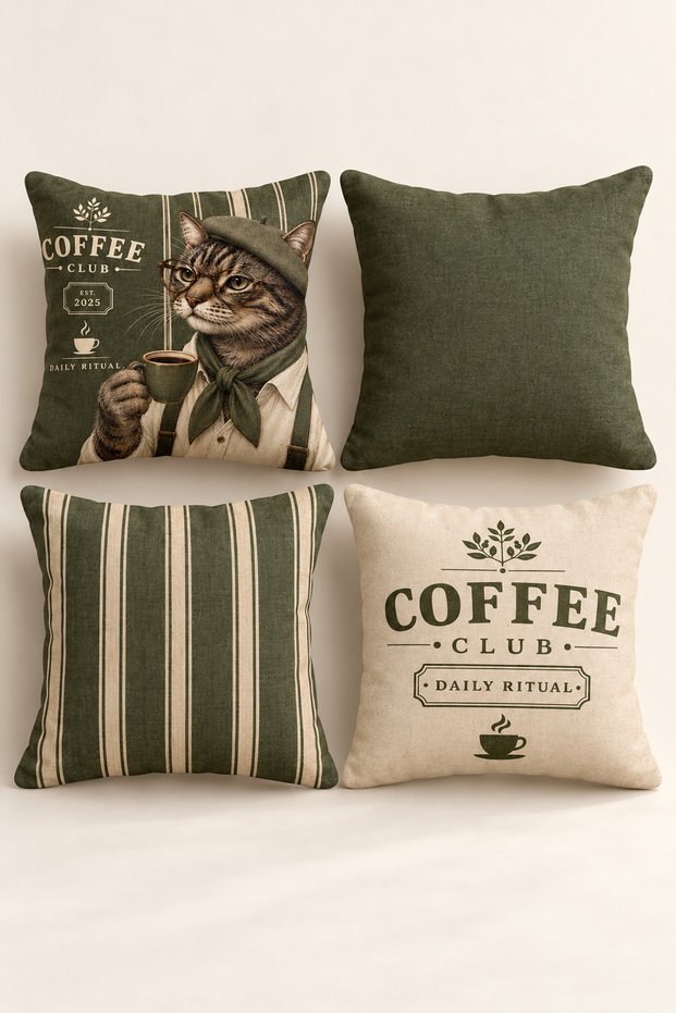 Set of 4 Coffee Break Khaki Coffee Cup and Coffee Cushion Covers, Double-Sided Print, 43X43 Cm.