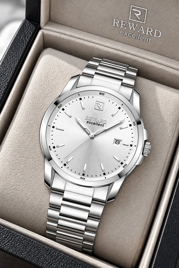 Classic Model Men's Watch - Silver Color, White Dial, Presented in a Stylish Gift Box + Chain Bracelet.