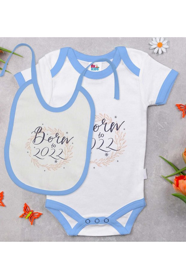 Bk Kids Born to 2022 Designed Blue Baby Bodysuit and Bib Gift Set - 1, 12-18 Months.