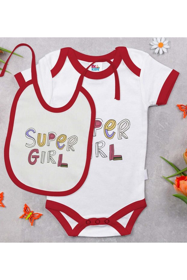 BK Kids Super Girl-Designed Red Baby Bodysuit and Bib Gift Set-1, 12–18 months