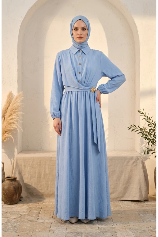 Half-Buttoned Dress with Elastic Waistband 0319-02, Ice Blue.