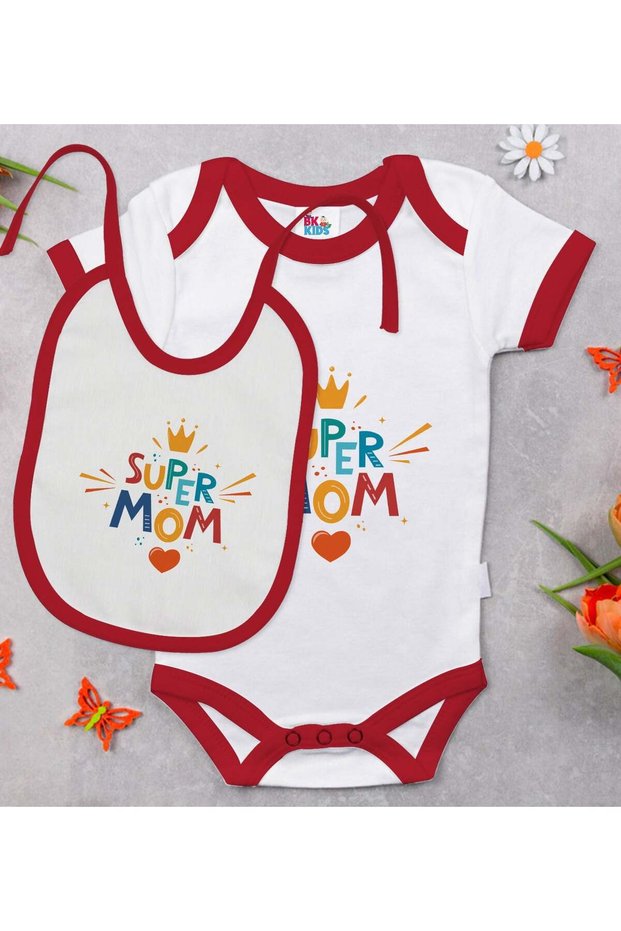 Bk Kids Super Mom Designed Red Baby Bodysuit and Bib Gift Set - 1, for Ages 12-18 Months.