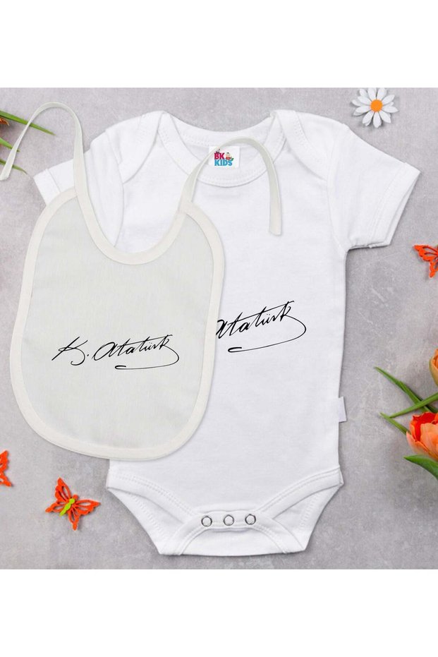 Bk Kids Atatürk-Themed White Baby Bodysuit and Bib Gift Set - 29, for Ages 0-3 Months.
