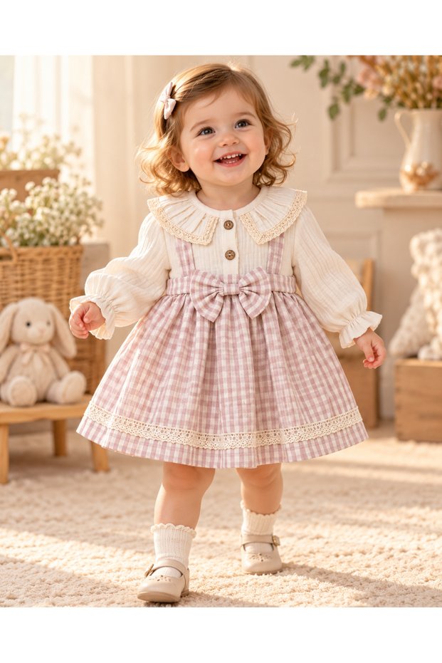 Baby, Girl, Ecru / Purple, Plaid Pattern, Lace Collar Detail, Bow Detail, Long Sleeve, Muslin Dress.