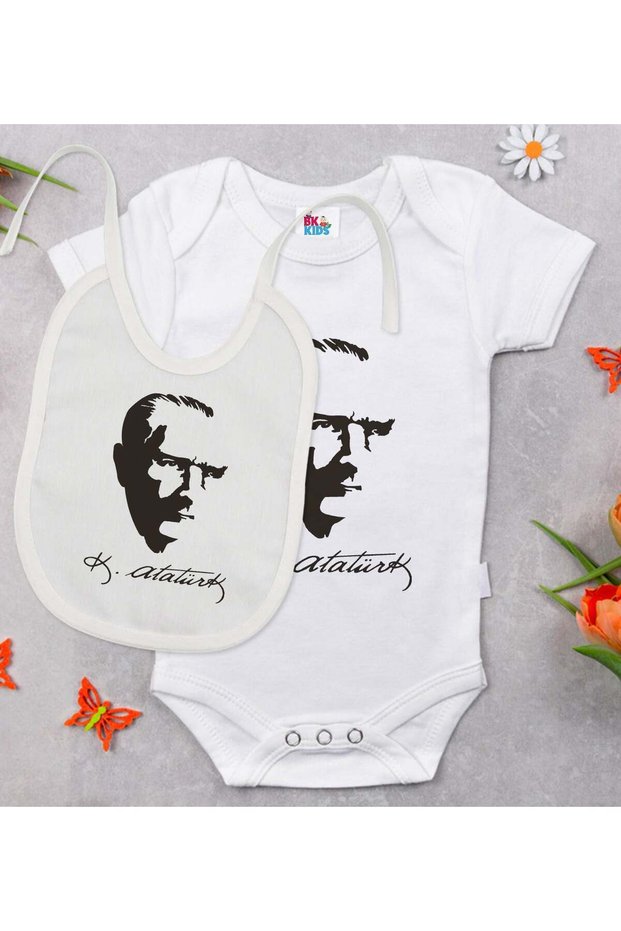 Bk Kids Atatürk-Themed White Baby Bodysuit and Bib Gift Set - 23, 0-3 Months.