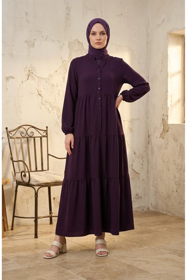 Aerobin Fabric Buttoned Layered Modest Dress 4124-19 Plum