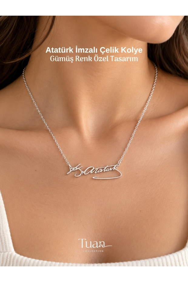 Atatürk Signature Necklace - Steel Figure, Lacquered Chain, Unisex for Women and Men.