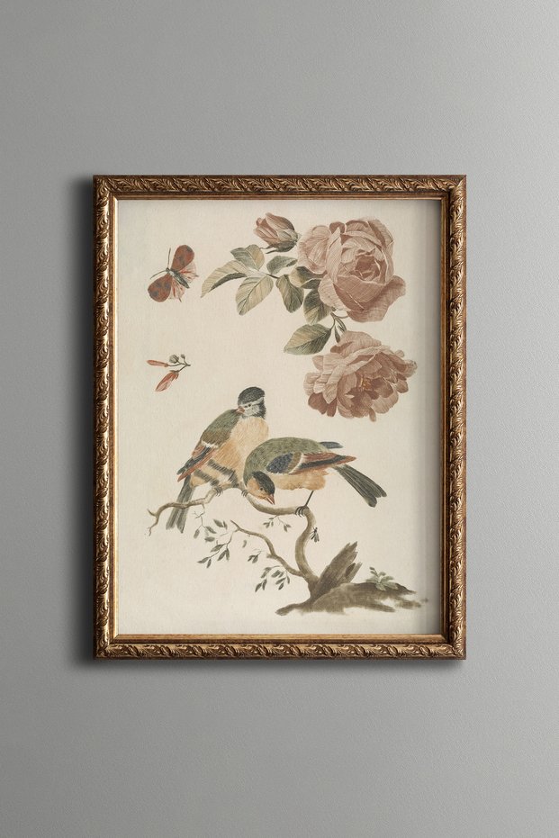 Roses and Birds - Vintage Patterned Painting - Slim Frame