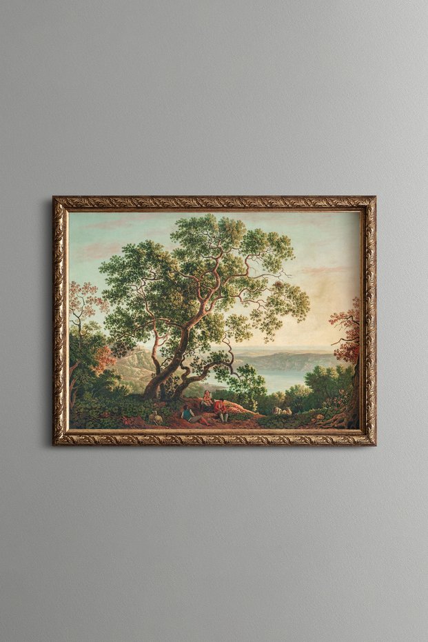 Nemi Lake at Dusk - Vintage Patterned Painting - Slim Frame