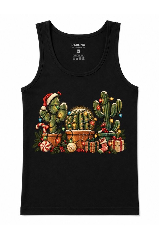 Christmas Cactus Trio – Festive Holiday Lights Graphic Tank Top.