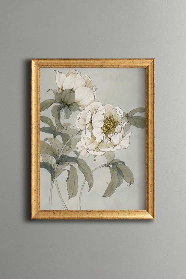 White Magnolia Flowers - Vintage Patterned Painting - Slim Frame