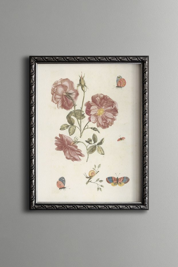Pink Roses - Vintage Patterned Painting - Slim Frame