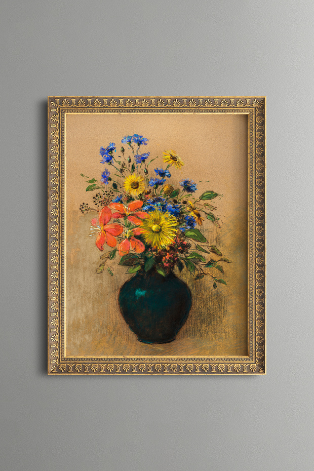 Flowers in a Black Vase - Vintage Patterned Painting - Slim Frame