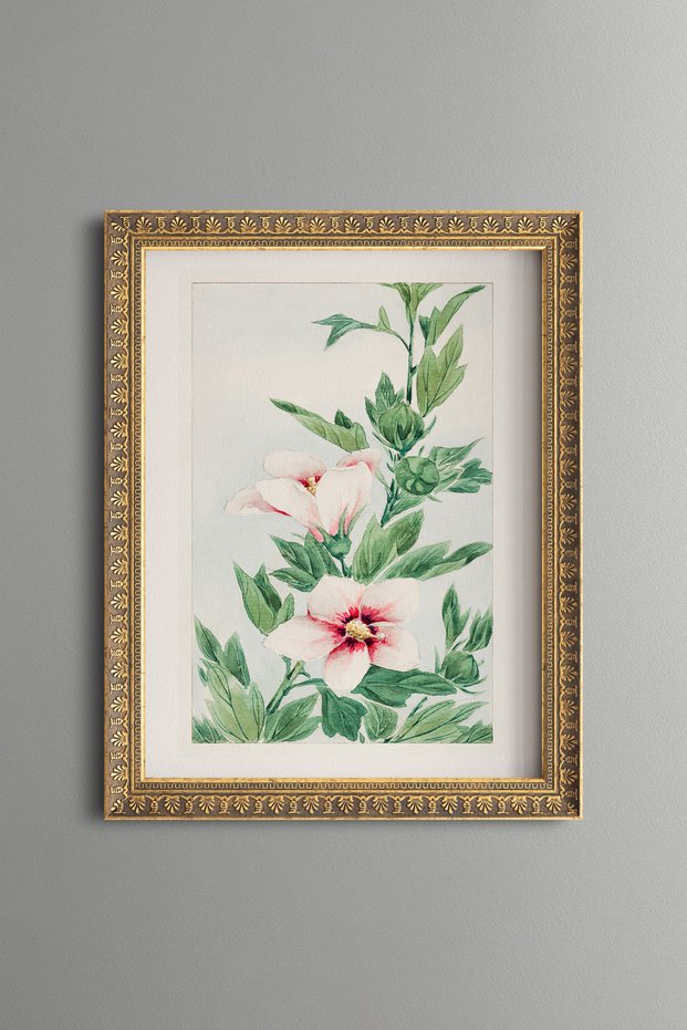 White and Pink Lilies - Vintage Patterned Painting - Slim Frame
