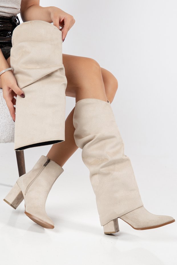 Women's Santorini Beige Suede Boots with Drawstring Detail.