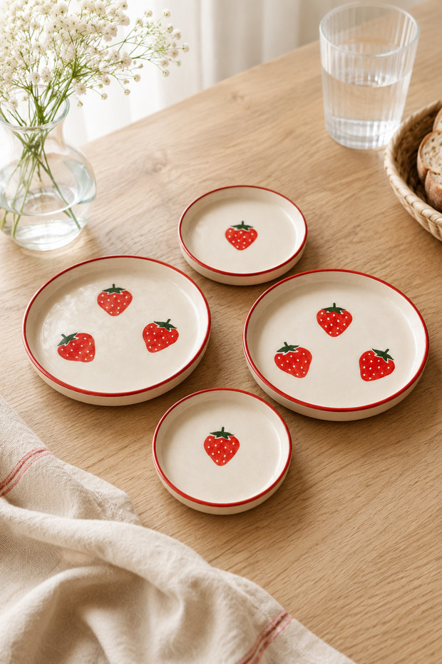 Set of 4 Strawberry-Patterned Ceramic Breakfast and Serving Plates – 11 cm and 13 Cm.