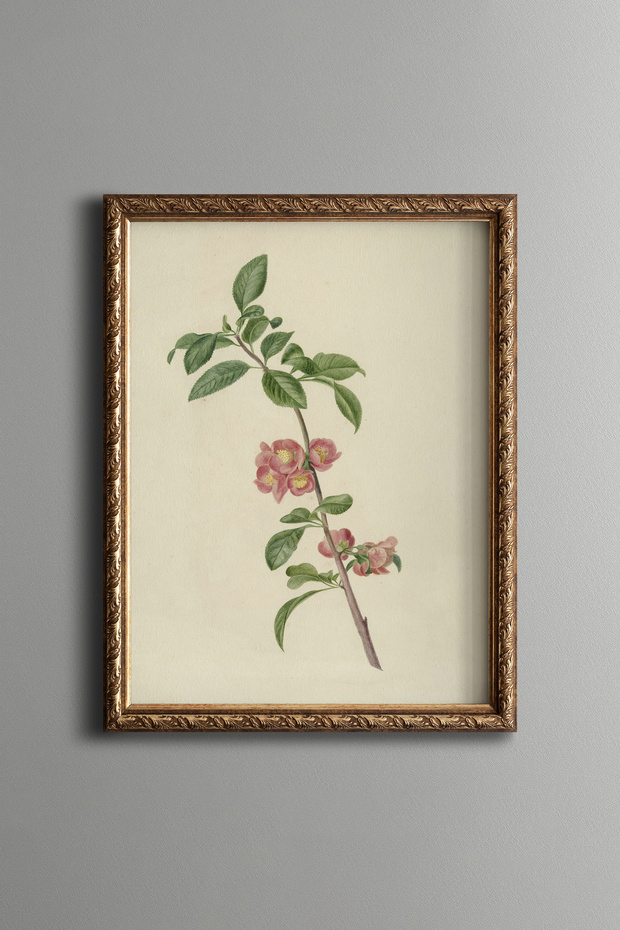 Pink Floral Branch - Vintage Patterned Painting - Slim Frame
