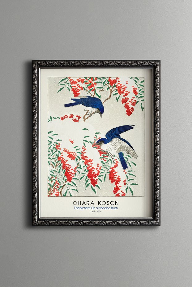 Bird on a Magnolia Branch - Vintage Patterned Painting - Slim Frame