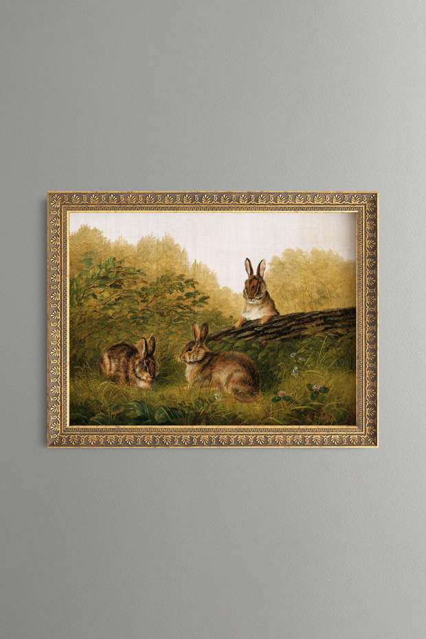 Rabbits on a Log - Vintage Patterned Painting - Slim Frame