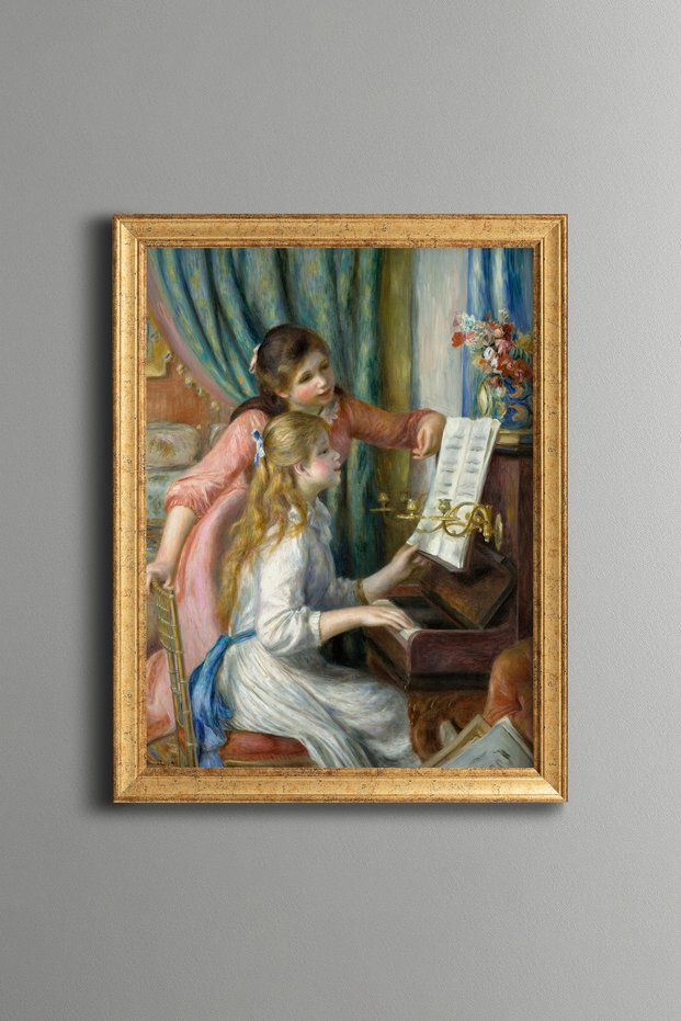 Two Young Girls at the Piano - Vintage Patterned Painting - Slim Model