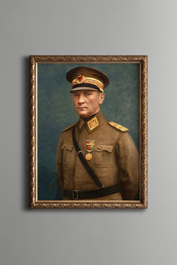 Atatürk Portrait in Uniform - Vintage Patterned Painting - Slim Model