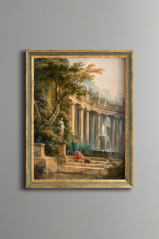 A Fountain and Column in a Park - Vintage Patterned Painting - Slim Model