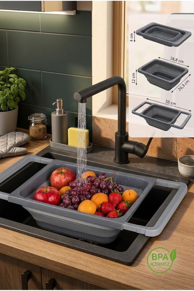 Foldable Silicone Sink Strainer, Adjustable, for Filtering Vegetables, Fruits, and Pasta, Dark Gray, 6.3 Lt.