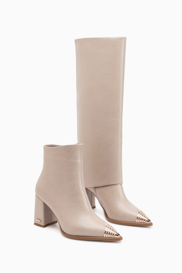 Lacy Beige Detachable-Strap 2-in-1 Heeled Women's Boot & Ankle Boot.