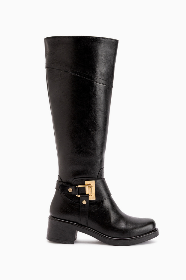 Hope Black Buckled Chunky Heel Women's Boots