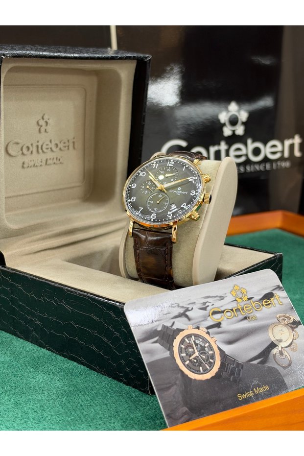 Men's Wristwatch, Gold-Colored Case, Brown Leather Strap, Chronograph Design, Sapphire Crystal.