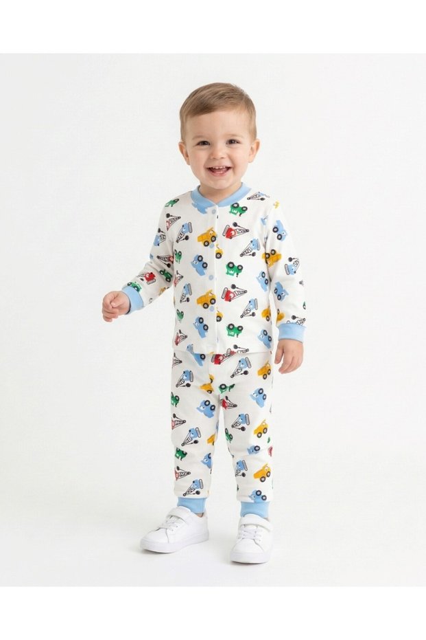Boys' 3-6 Year Old 100% Cotton Seasonal Pajama Set with Truck and Construction Vehicle Print.