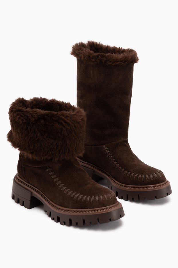 Avril Genuine Leather Brown Suede Fur-Lined Women's Long Boots.