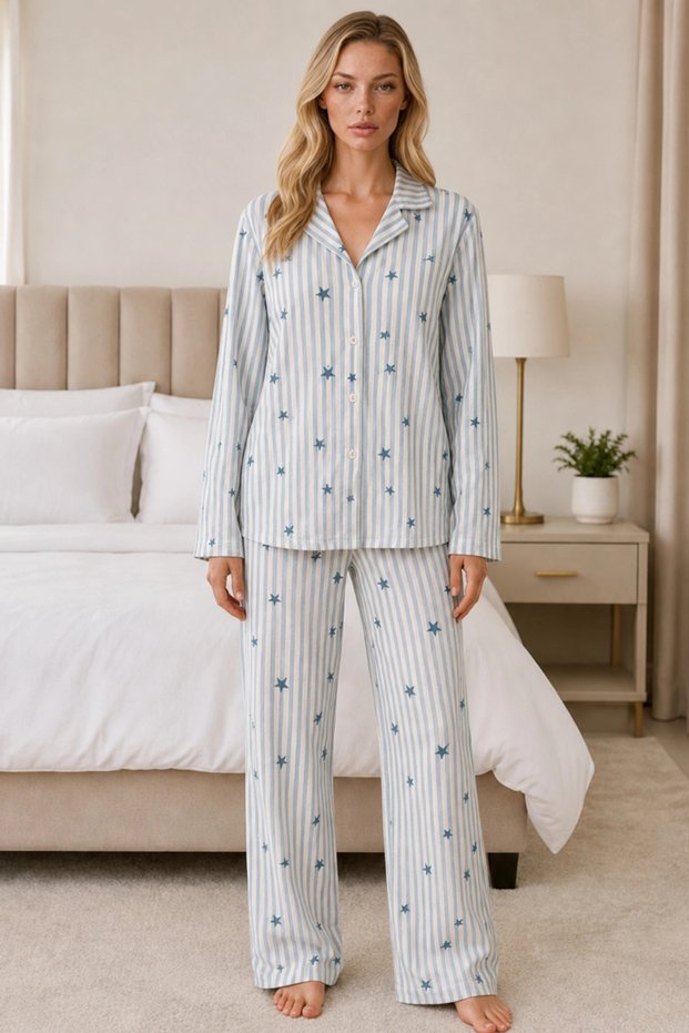 Women's Casual Flexible Loose Blue Pajama Set 4671