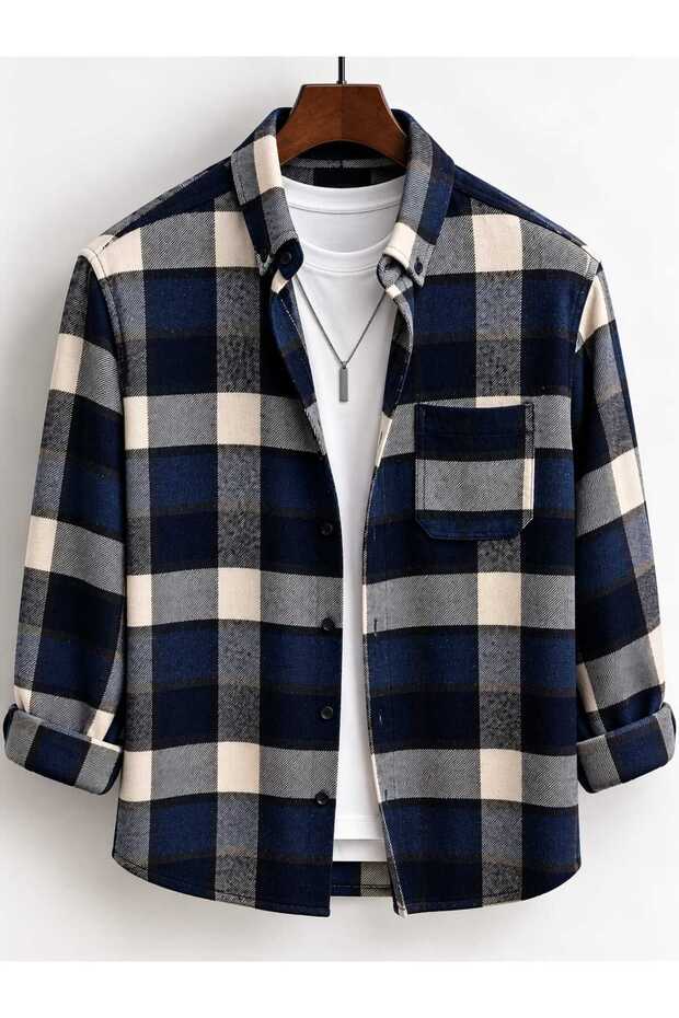 Single Pocket Detailed Plaid Textured Cashmere Cotton Winter Lumberjack Shirt