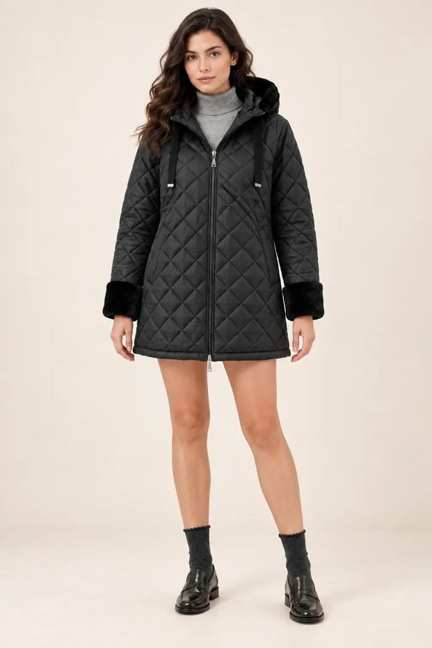 Women's Black Hooded Fur-Trimmed Quilted Jacket with Zip Detail HZL28W-BD5197