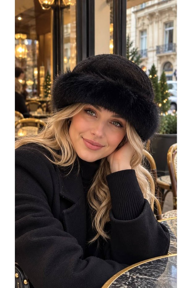 Black Glitter Soft-Textured Plush Beanie Hat for Women
