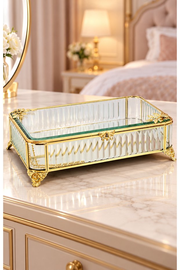 Bee and Flower Motif Patterned Glass Jewelry Box, Presentation Box, Engagement Chocolate Box, 32X20X8 Cm.