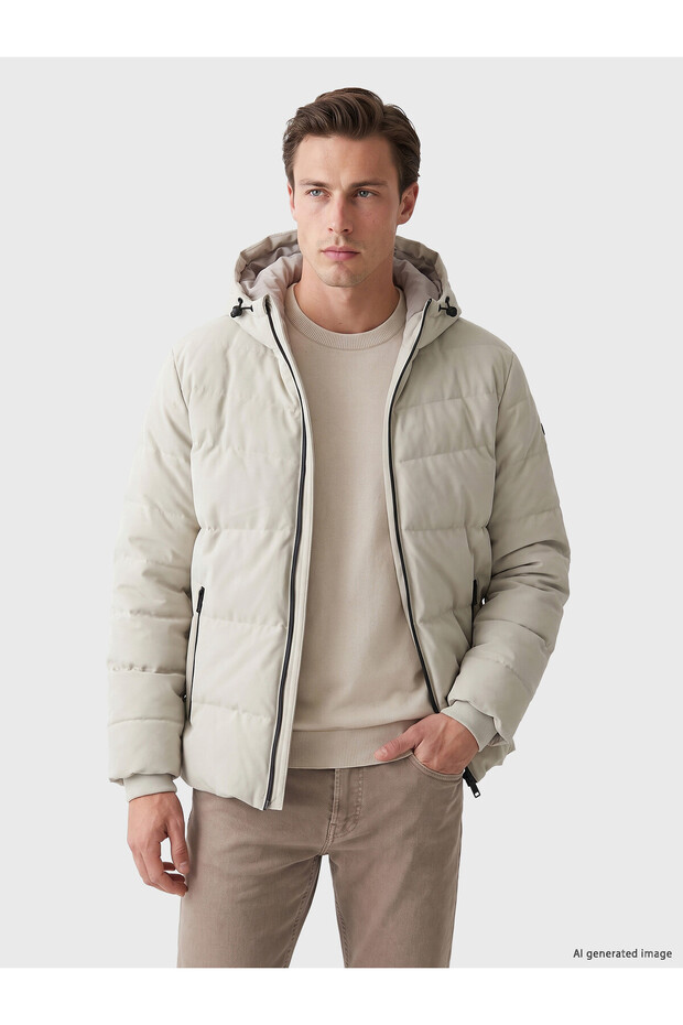 Peak New Season Beige Regular Fit Hooded Men's Puffer Jacket