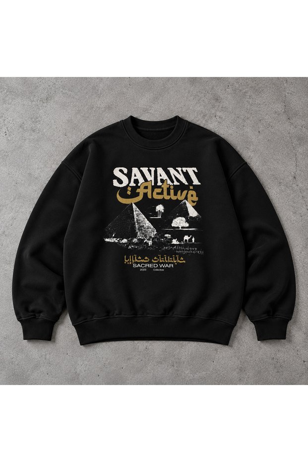 Men's Oversized Black Savant Active Printed 3-Thread Brushed Cotton Crew Neck Streetwear Vintage Design.