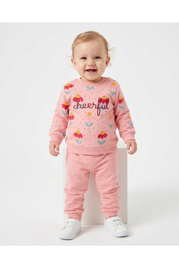 Baby Girl Winter 3-Piece Set with Fleece Lining, Floral Print, and Text Details, Including Top and Bottom, for Ages 6-9-12-18-24 Months.
