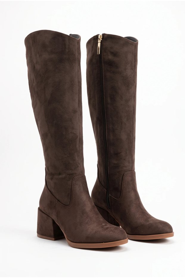 Women's Knee-High, Chunky-Heel, Round-Toe, Zippered Long Boots - Noa - Brown Suede