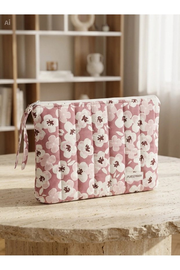 Handmade Zipper Pouch with Pink Violet Pattern for a Tablet Case
